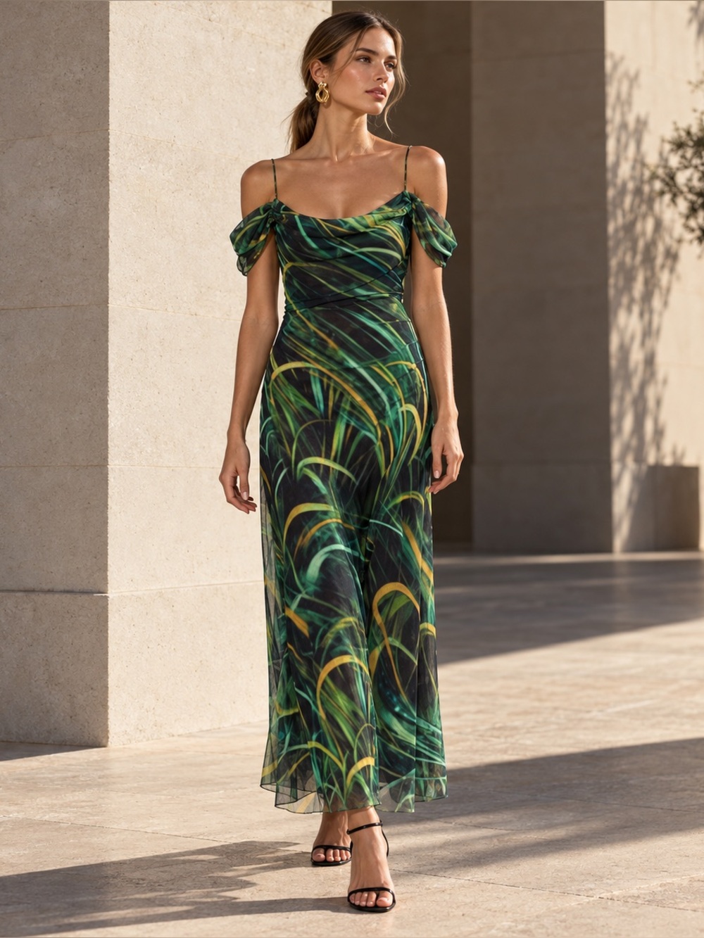 ZARA Green Abstract Print Mesh Midi Dress Cold Shoulder | Medium | NWT